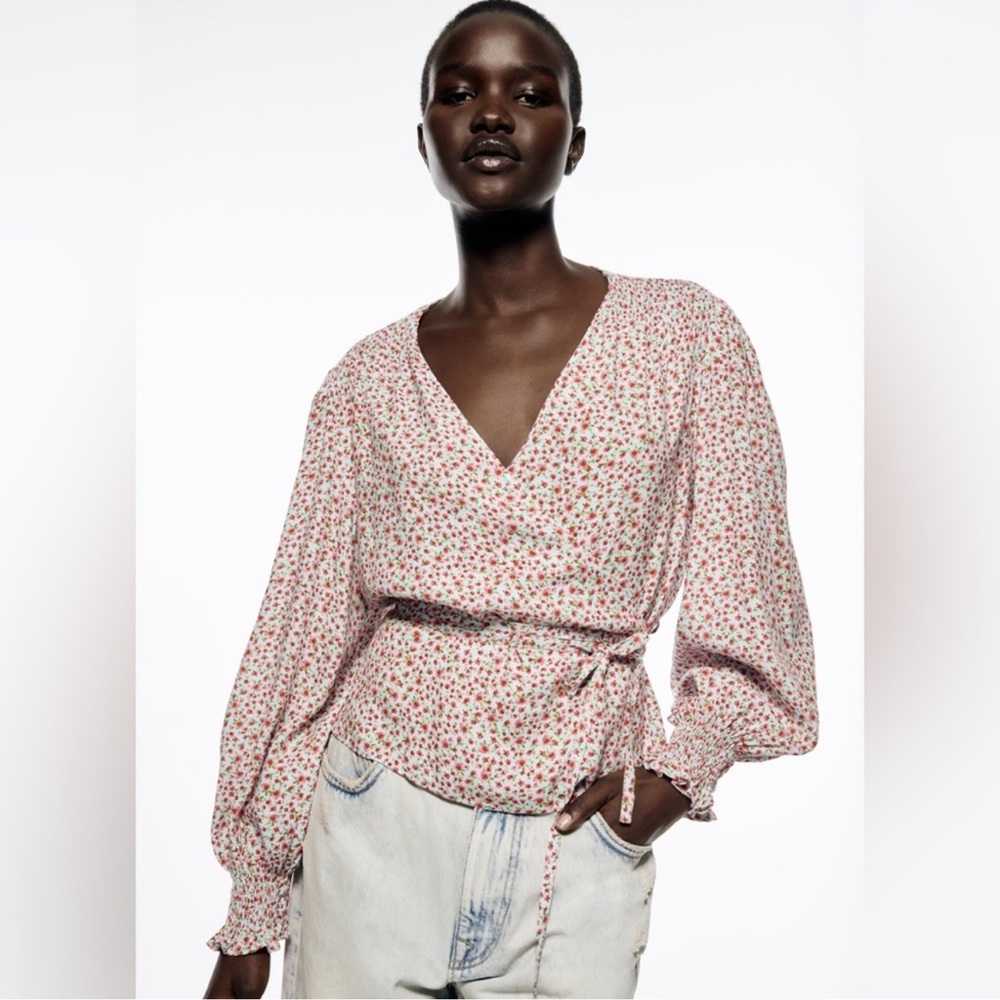 Zara Pink Floral Wrap Blouse